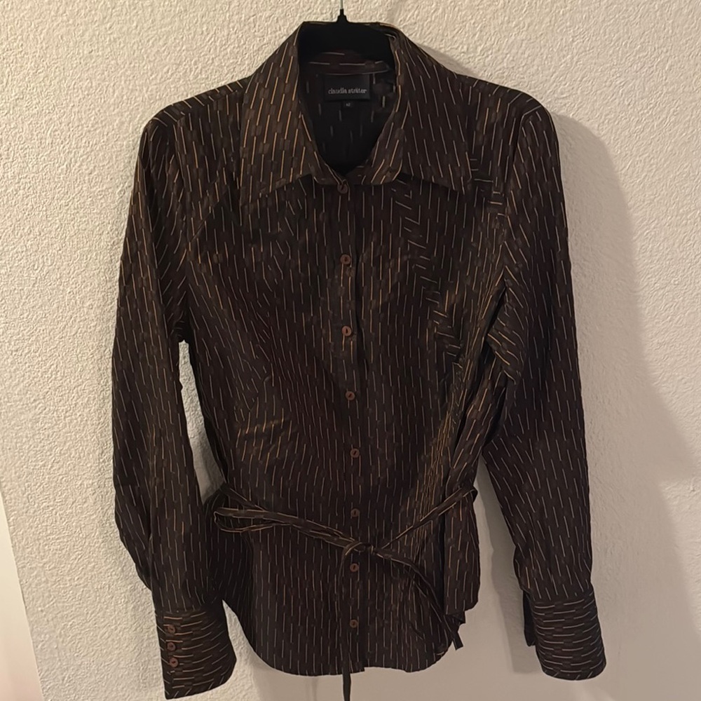 Brown 3/4 Sleeve Button Down with Tie Front